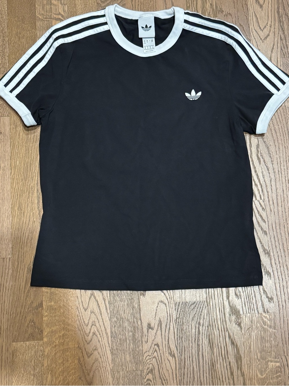 adidas Black Short Sleeve Ringer Tee with White Trim (Women’s Medium)